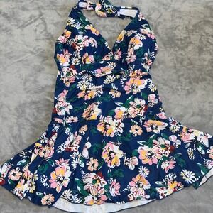 Shekini Swimsuit Halter One Piece Dress Womens Large Blue‎ Floral Padded Ruched